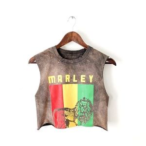 Bob Marley Reworked Distressed Vintage Wash Music Festival Band Tee Cropped Tank
